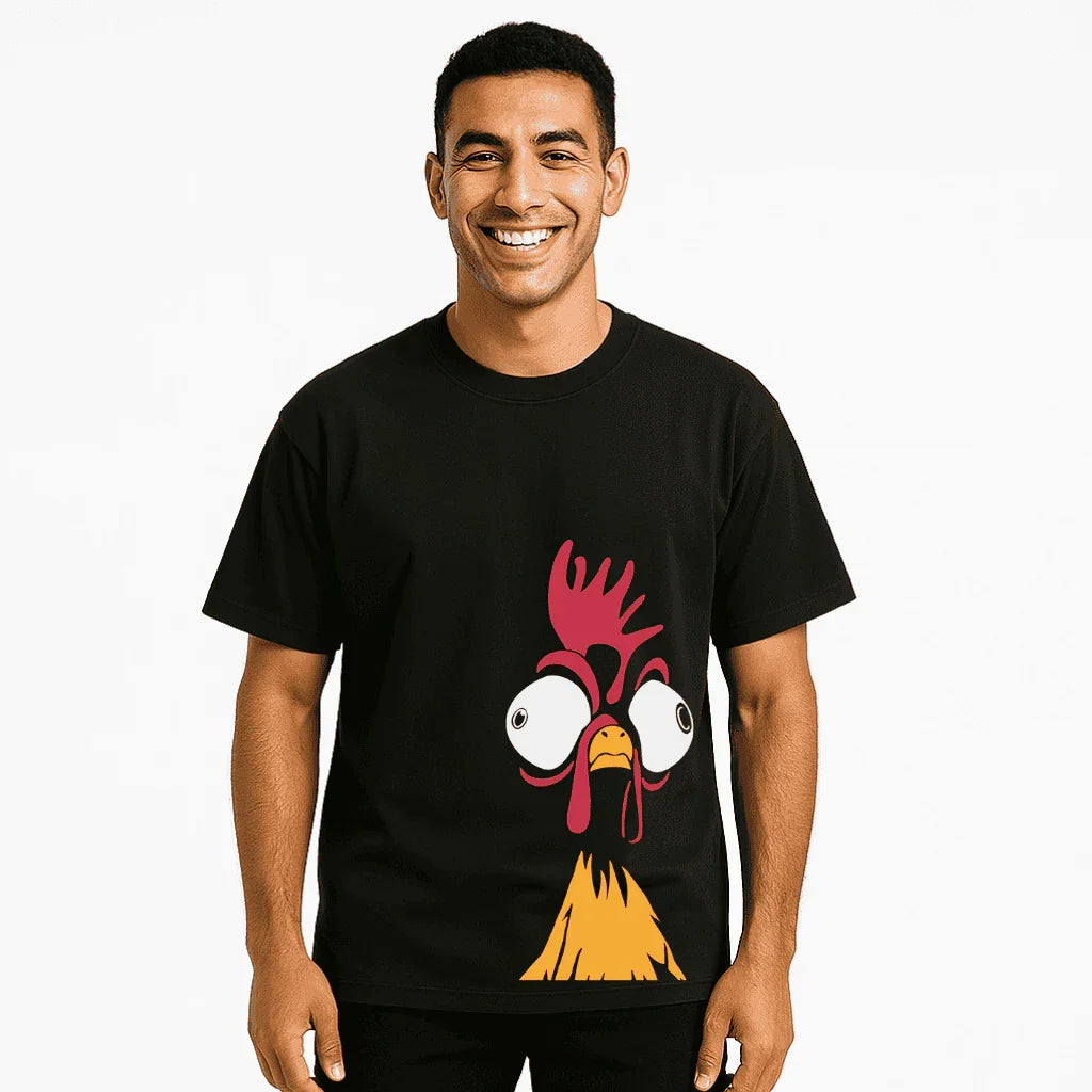 Oversized Black T-Shirt – Bold Cartoon Chicken Graphic | Unisex Streetwear