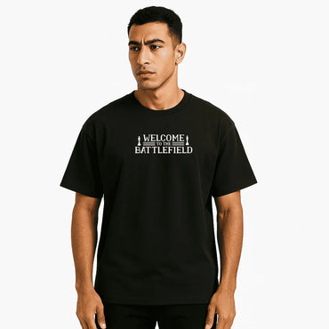 Oversized Black T-Shirt – “Welcome to the Battlefield”