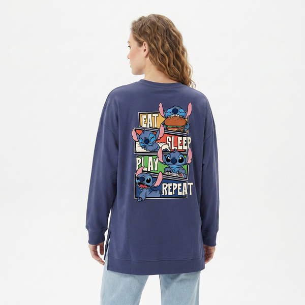 Stitch “Eat Sleep Play Repeat” Oversized Long Sleeve Tee