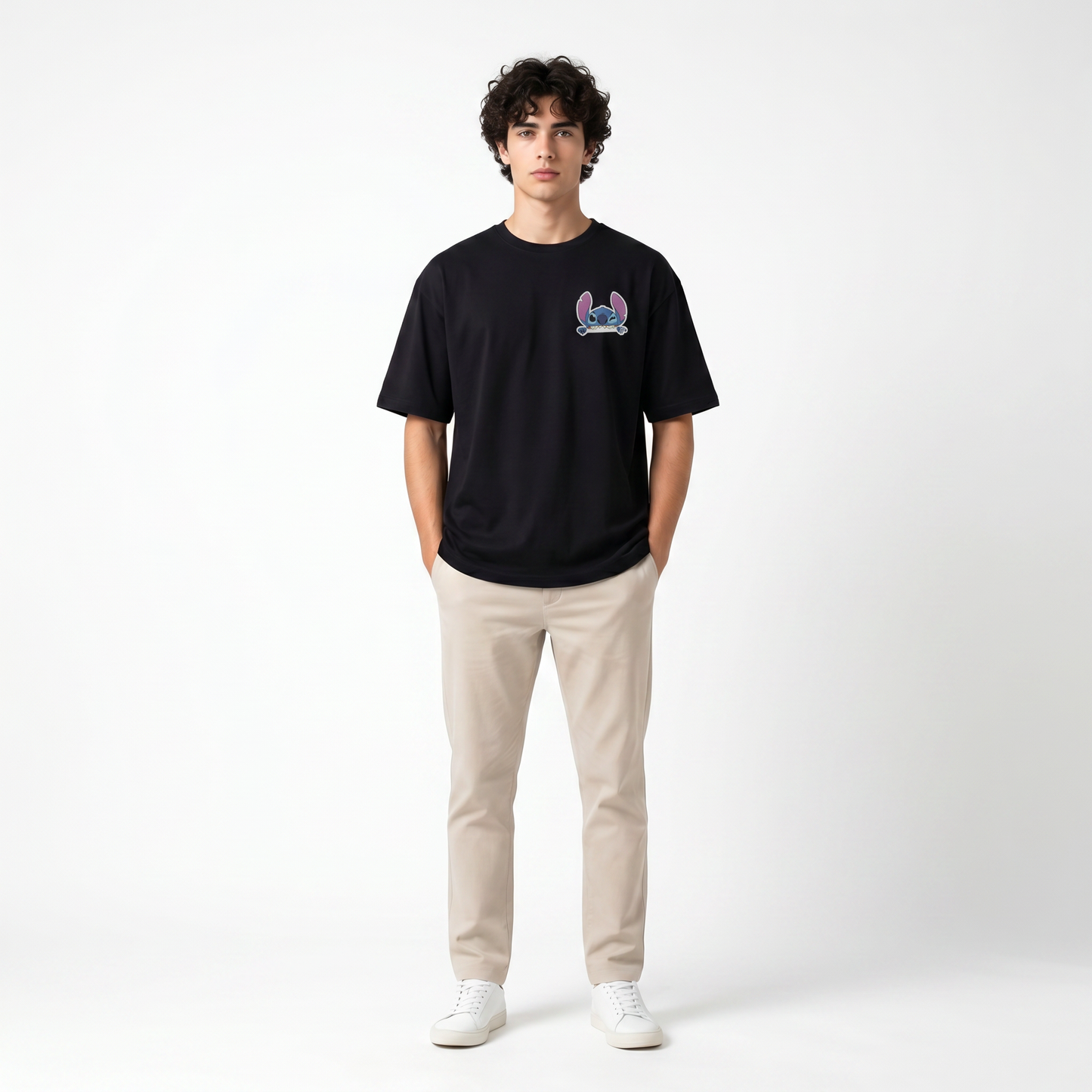 Stitch “Eat Sleep Play Repeat” Oversized Tee – Black Edition
