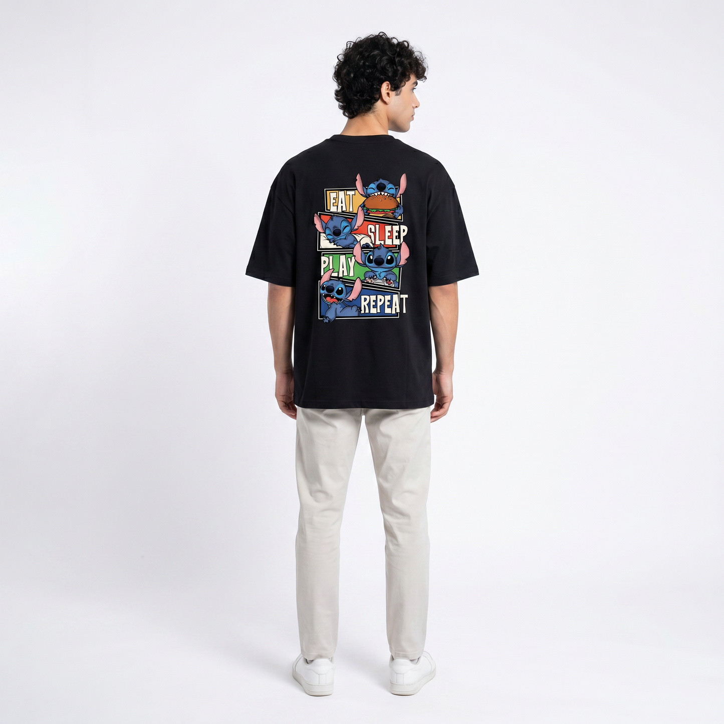 Stitch “Eat Sleep Play Repeat” Oversized Tee – Black Edition