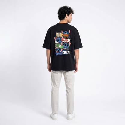 Stitch “Eat Sleep Play Repeat” Oversized Tee – Black Edition